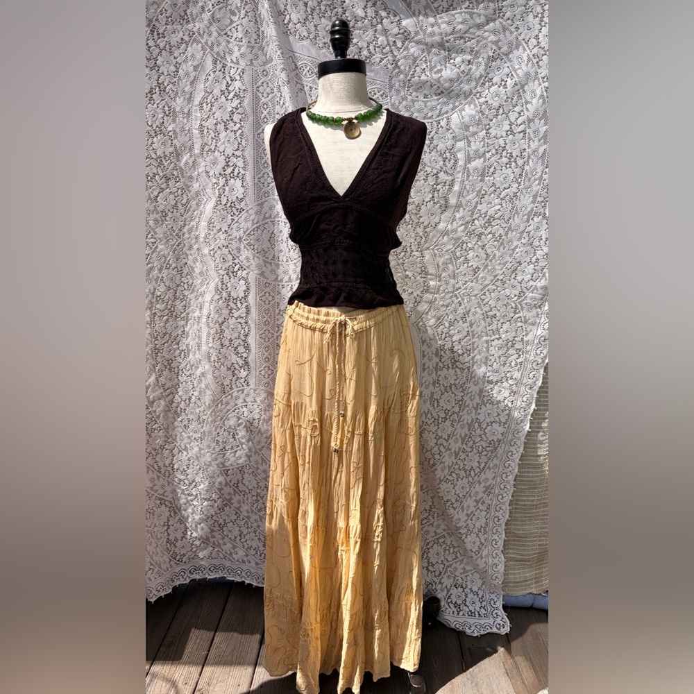 Vintage 80s Yellow Embroidered Rayon Boho Maxi Skirt M